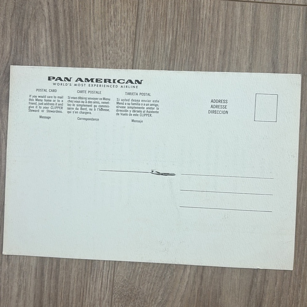 Pan Am Rare Vintage Collector Menu Post Card